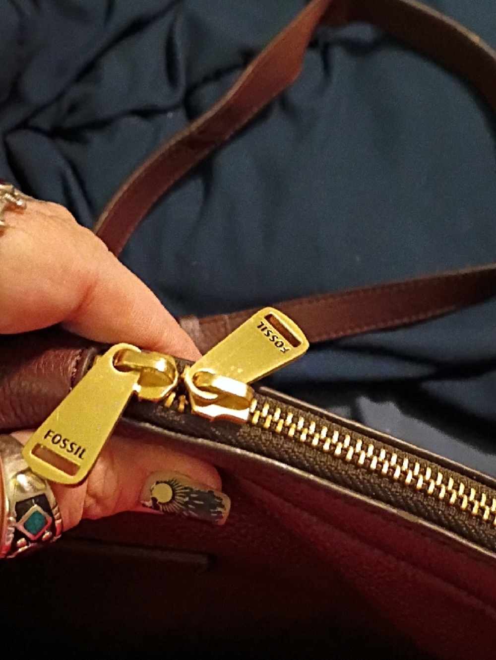 Fossil Brown Pebbled Leather Satchel with Gold Accents - Picture 3 of 10